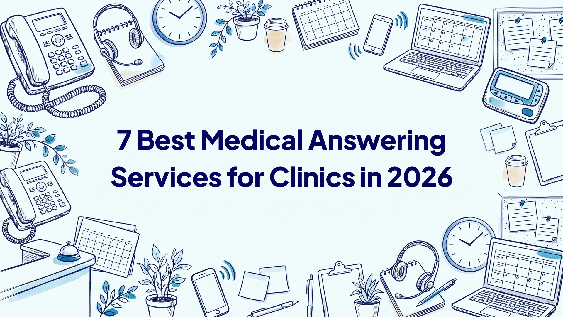 Hand-drawn desk phones, headsets, laptops with booking grids, a pager, clocks and corkboard notes around the title 7 Best Medical Answering Services for Clinics in 2026