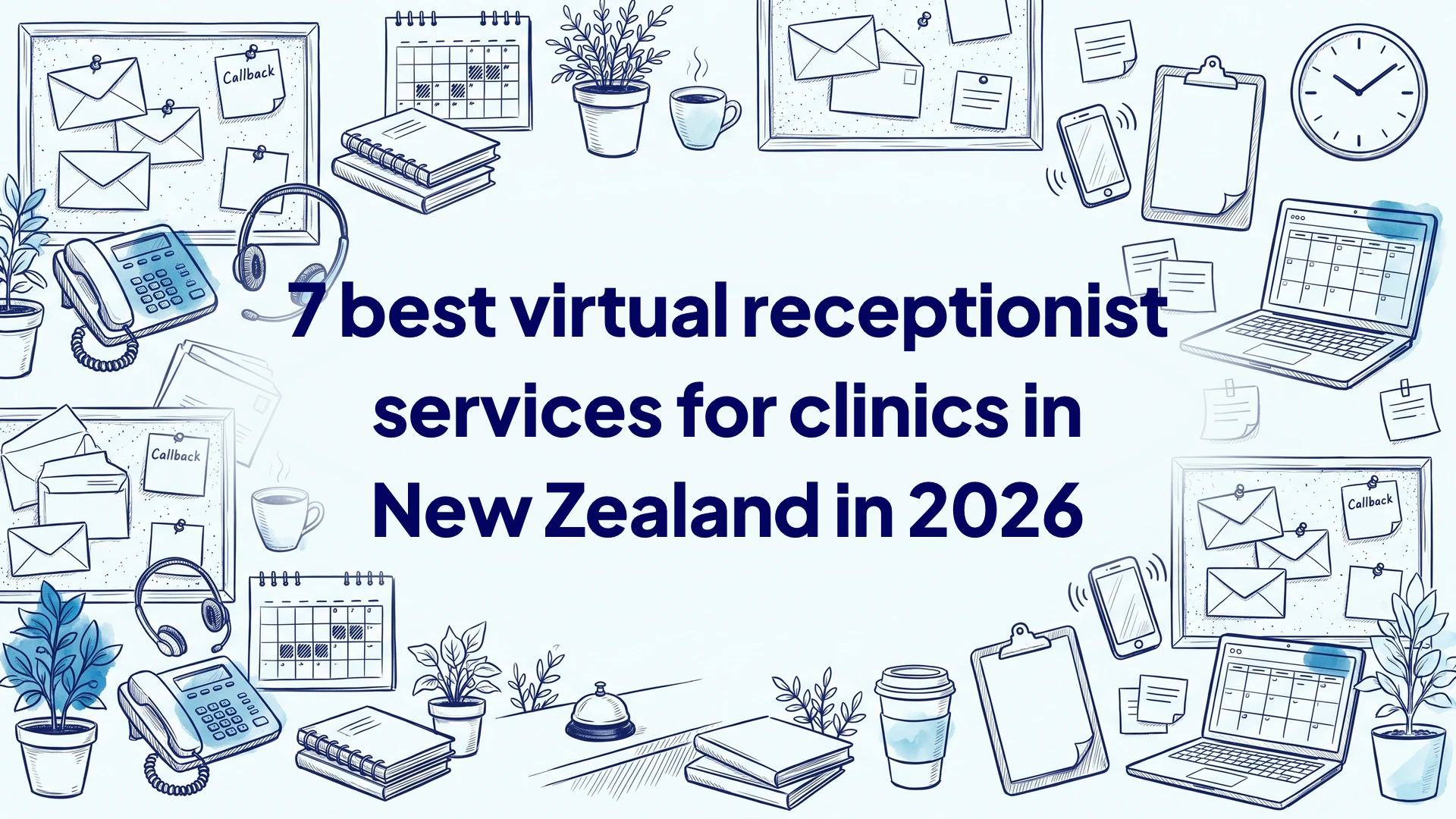 Hand-drawn illustration of desk phones, headsets, calendars, callback notes and plants around the title 7 best virtual receptionist services for clinics in New Zealand in 2026
