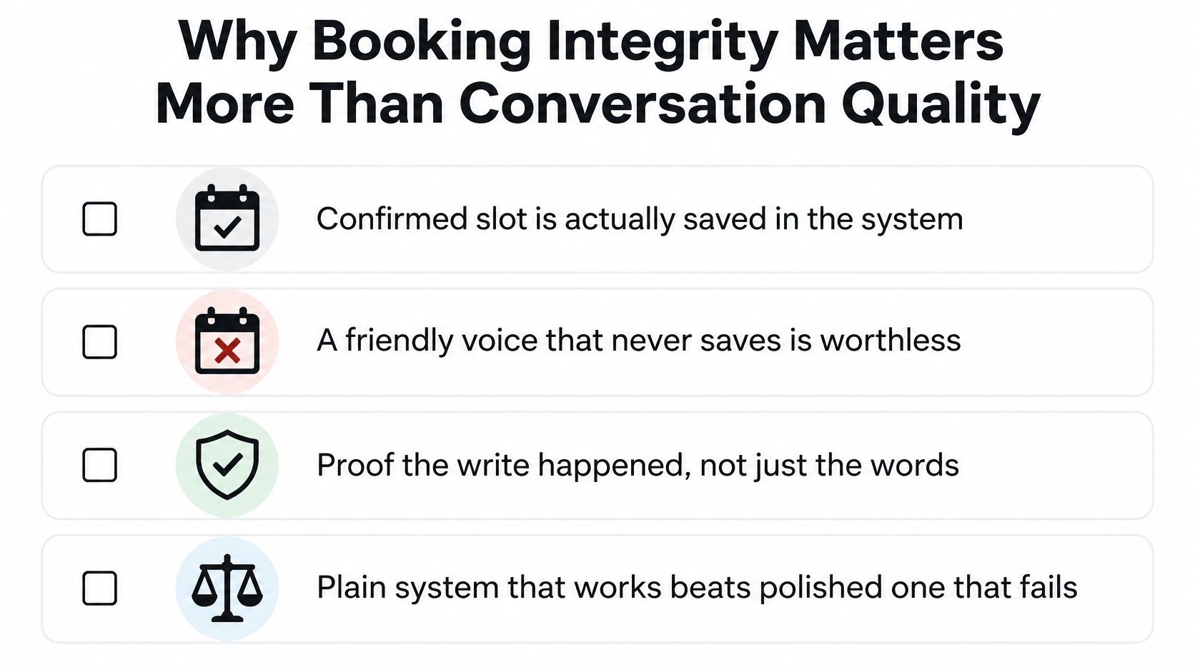 A list outlining why booking integrity is more important than conversation quality in automated phone systems.