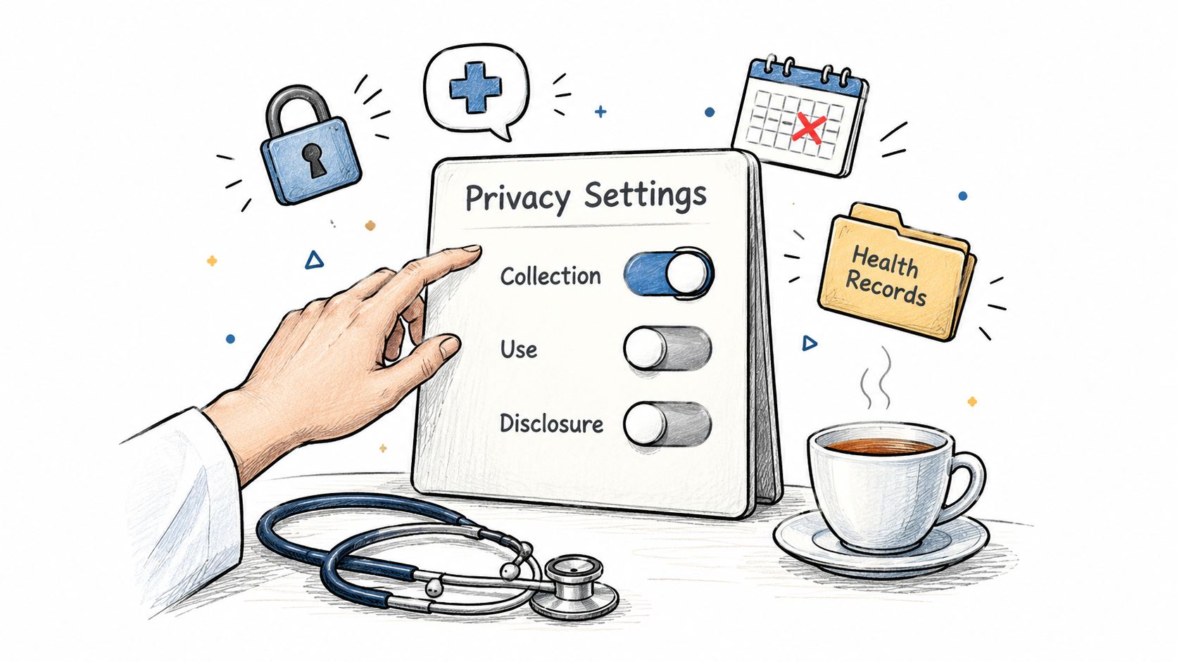 A doctor's hand adjusting a privacy settings panel that controls data collection, use, and disclosure of health records.