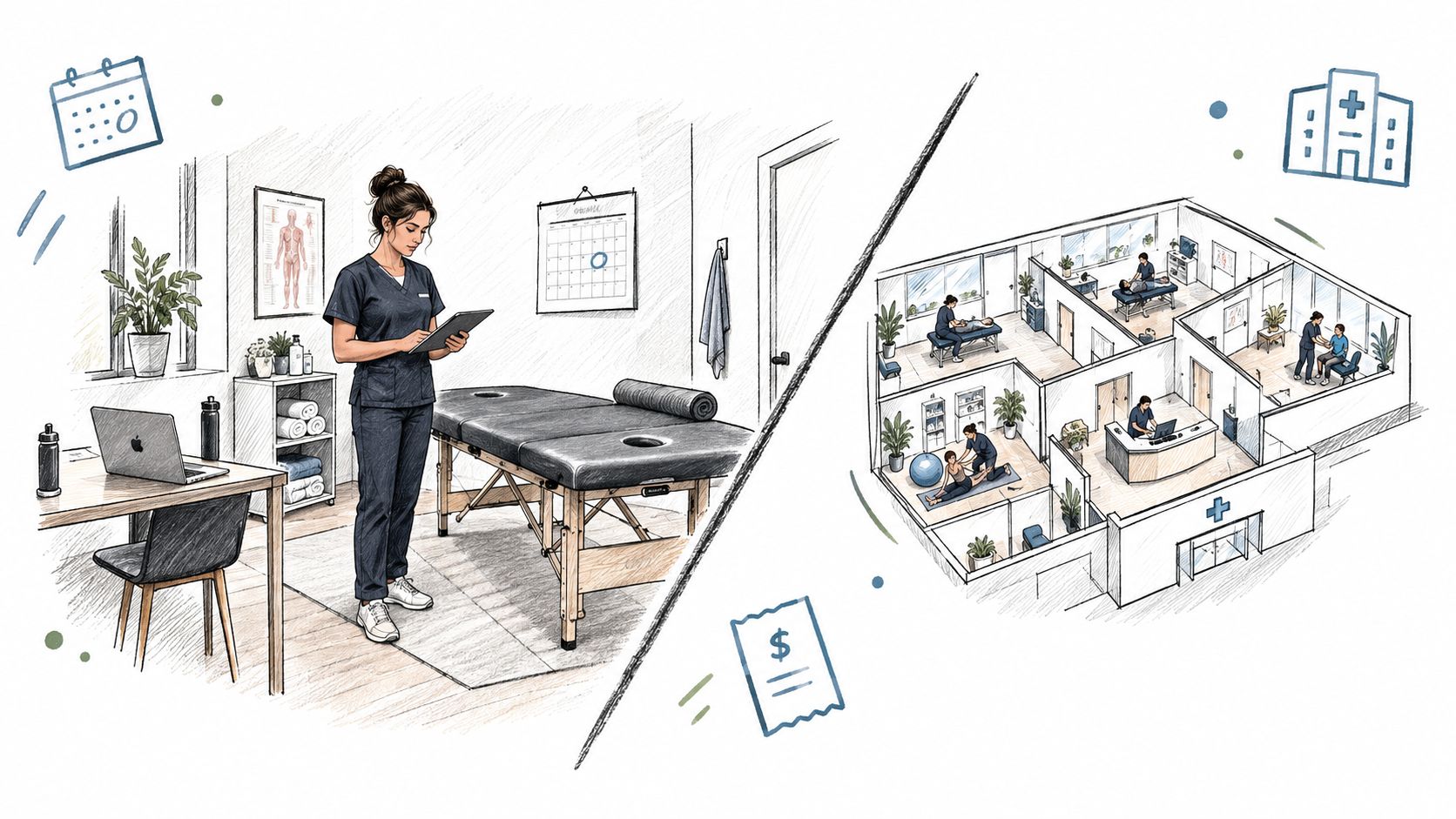 A split-screen illustration showing a solo physical therapist clinic alongside a bustling multi-room physiotherapy practice office.