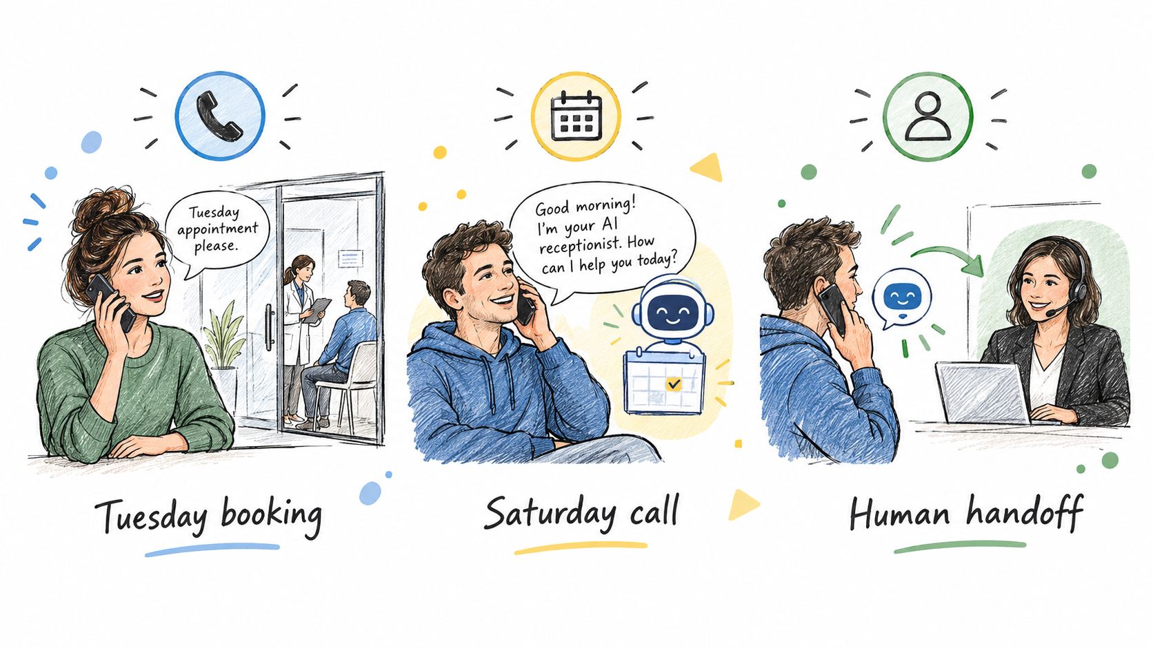 An illustration showing three steps: a phone appointment booking, an AI receptionist handling a call, and a human handoff.